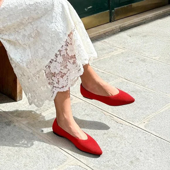 Women's Red Knit Ballet Pointed Toe Breathable Casual Classic Dressy Flats - Picture 3 of 7